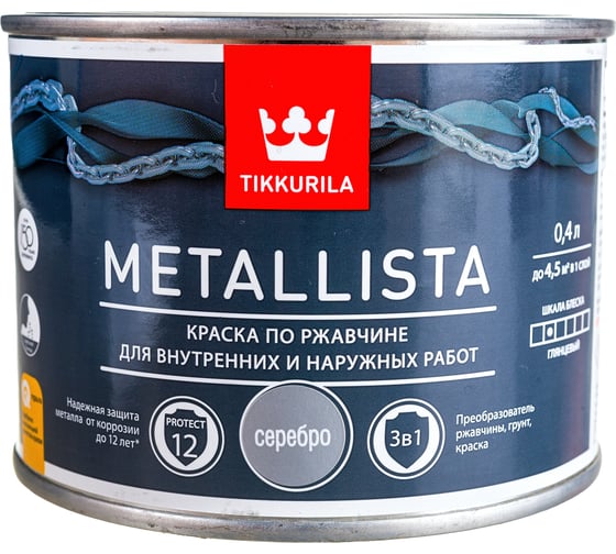 Краска Tikkurila METALLISTA по ржавчине 3 в 1, глянцевая, серебристый 0,4л 700011740 203642