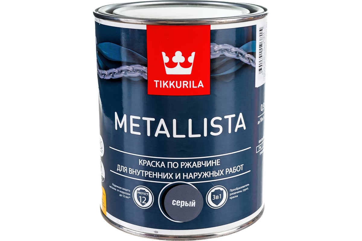 Краска TIKKURILA METALLISTA по ржавчине 3 в 1, глянцевая, серый 0,9л  700011714 203640 - выгодная цена, отзывы, характеристики, 1 видео, фото -  купить в Москве и РФ