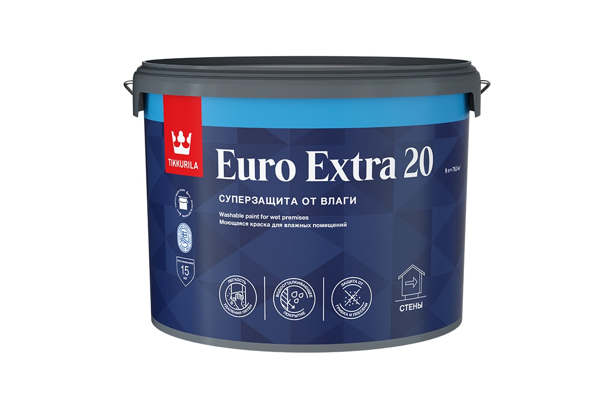 Краска Tikkurila EURO EXTRA 20 моющаяся для влажных помещений, база A 9л  700001107 - выгодная цена, отзывы, характеристики, фото - купить в Москве и  РФ