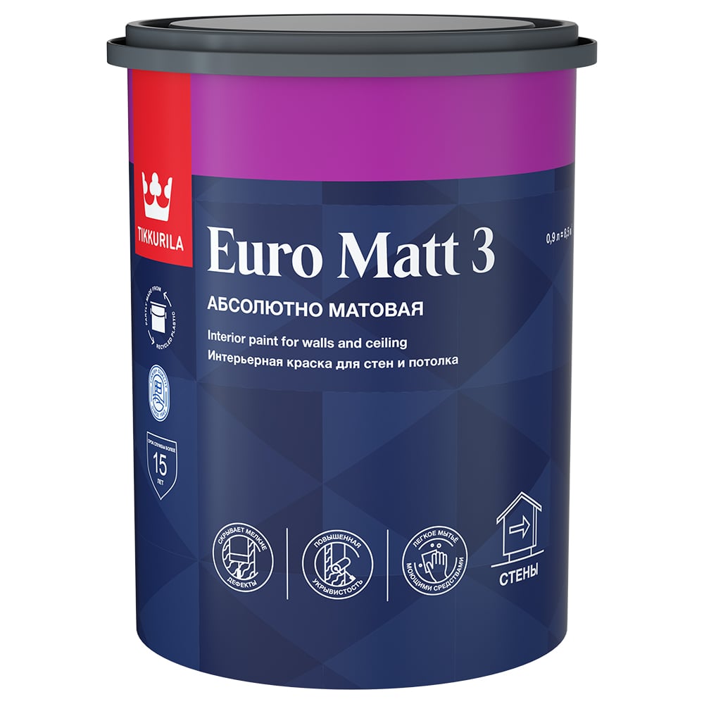 Интерьерная краска Tikkurila EURO MATT 3 база A глубоко матовая 0,9л  700001111 - выгодная цена, отзывы, характеристики, фото - купить в Москве и  РФ