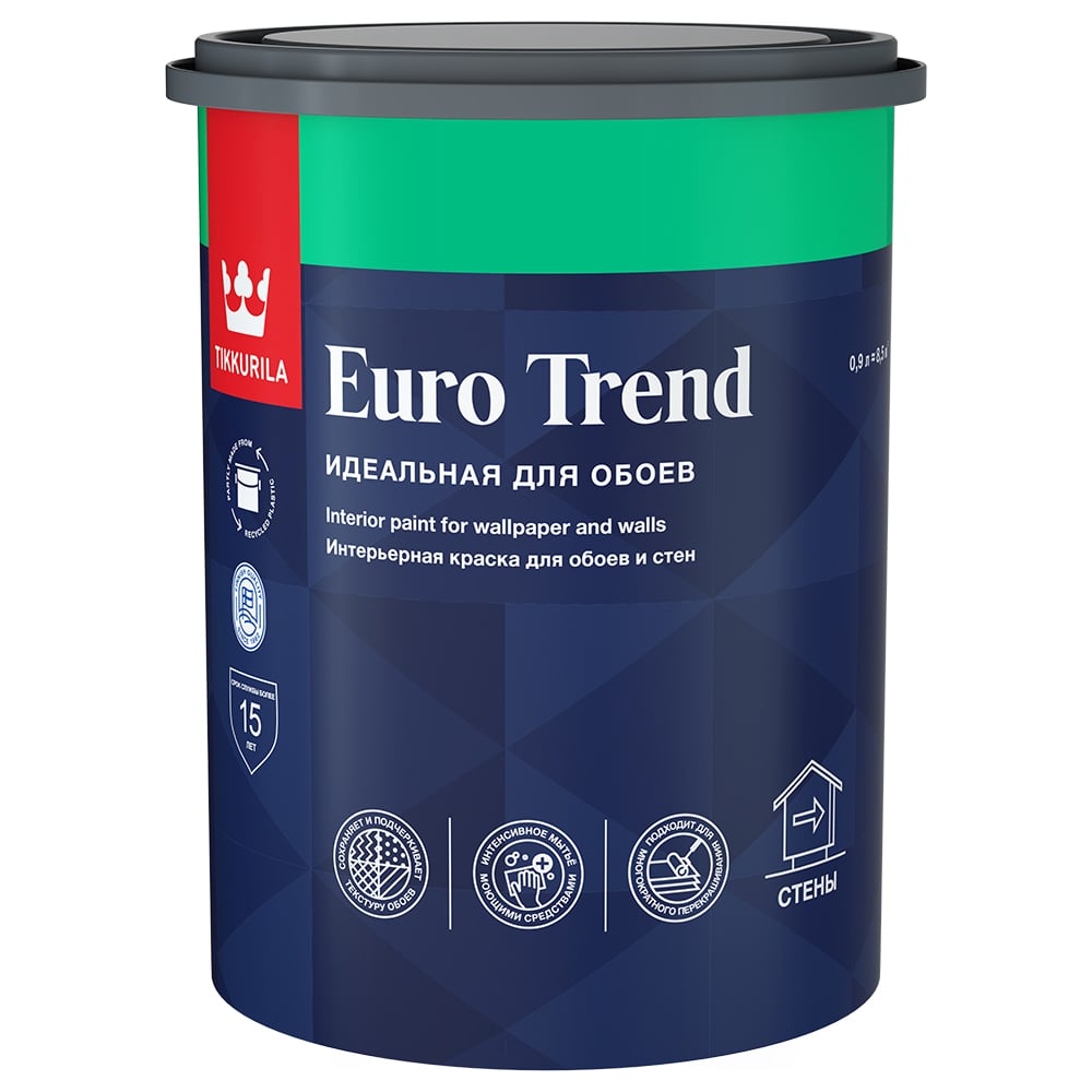 Краска для обоев и стен Tikkurila Euro Trend, белая, 0,9 л