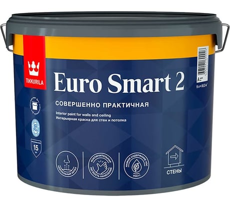 Интерьерная краска Tikkurila EURO SMART 2 база A глубоко матовая 9 л 700001104