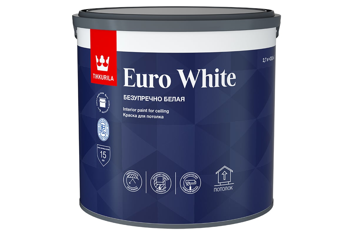 Краска для потолка Tikkurila EURO WHITE глубокоматовая, белая 9л 700009612