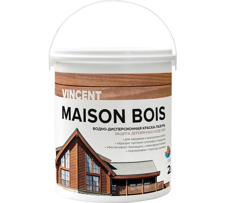 Водно-дисперсионная краска-лазурь VINCENT MAISON BOIS для защиты деревянных изделий, баз C 2л 105-040