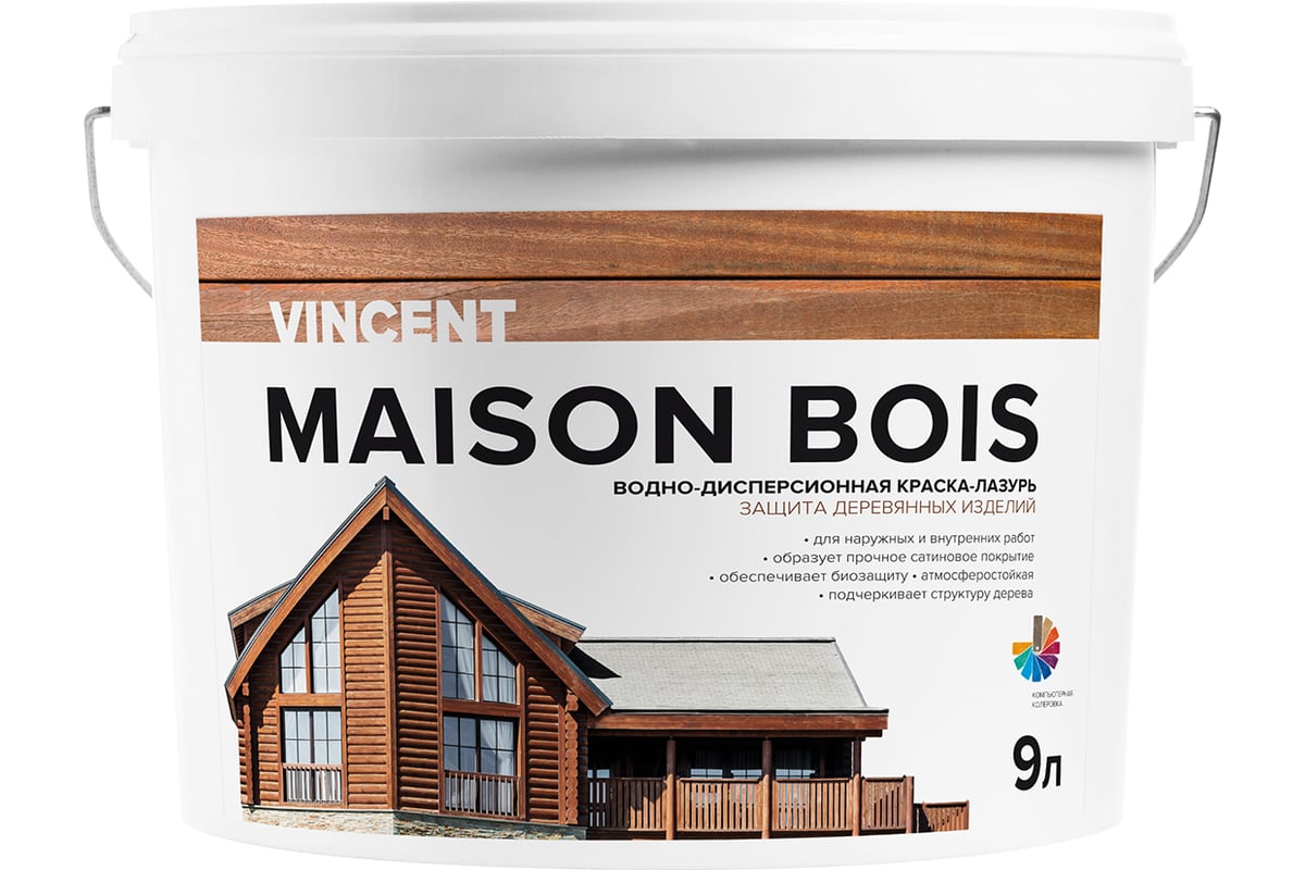 Водно-дисперсионная краска-лазурь VINCENT MAISON BOIS для защиты деревянных  изделий, баз А 9л 105-009