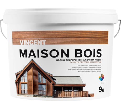 Водно-дисперсионная краска-лазурь VINCENT MAISON BOIS для защиты деревянных изделий, баз А 9л 105-009