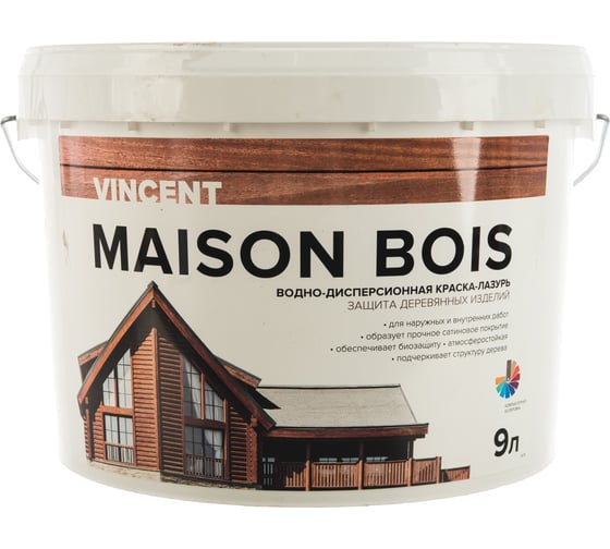 Водно-дисперсионная краска-лазурь VINCENT MAISON BOIS для защиты деревянных изделий, баз А 9л 105-009