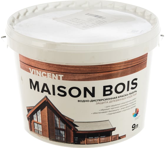 Водно-дисперсионная краска-лазурь VINCENT MAISON BOIS для защиты деревянных изделий, баз А 9л 105-009