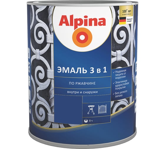 Эмаль LINNIMAX ALPINA SVT алкидно-уретановая, по ржавчине 3 в 1, RAL 5005 синий, 0.75 л 948103642