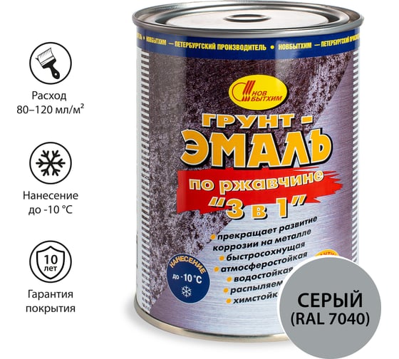 Грунт-эмаль по ржавчине 3в1 Новбытхим серая, RAL 7040 1 л 2928