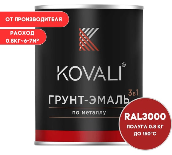 Грунт-эмаль KOVALI 3 в 1 полуглянец огненно-красная RAL 3000 0,8кг kov3.1.4С3000