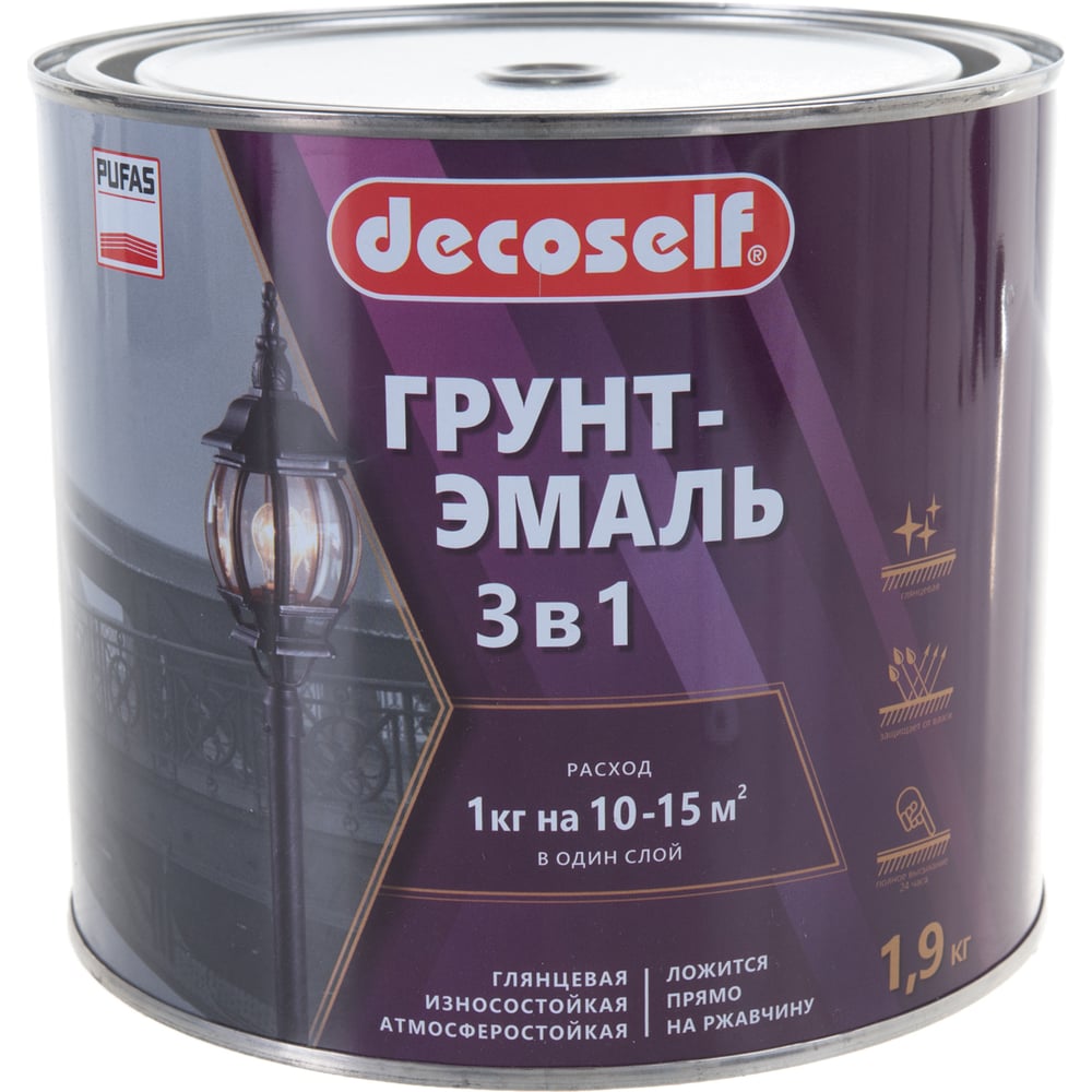 Грунт-эмаль Decoself 3 в 1 глянцевая черная 1,9 л