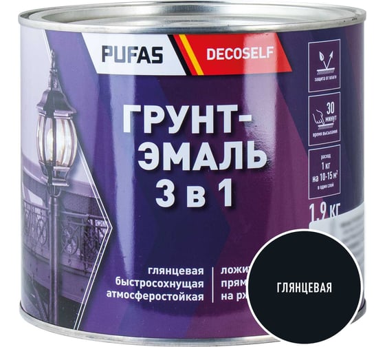 Грунт-эмаль Pufas 3 в 1 черная глянц. Decoself 1,9кг тов-200095