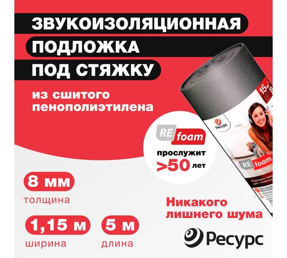 Звуко и гидроизоляционная подложка Refoam (8 мм; 1,5х5 м; серый; для плавающих полов) 19778