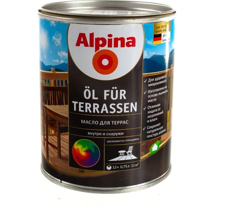 Масло ALPINA NEW OL FUR TERRASEN для террас, шелк/гл, прозрачный, колеруемое 0,75л 537875