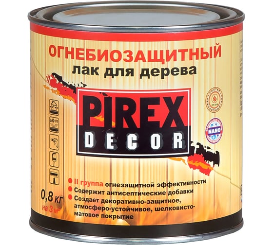 Огнебиозащитный лак для дерева PIREX DECOR полуматовый 0,8 кг 6 37751 1