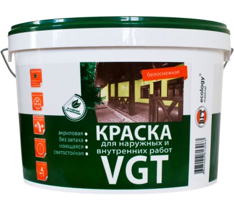 Моющаяся краска VGT ВД АК 1180 Белоснежная, для нар/внутр работ 7кг 11601905