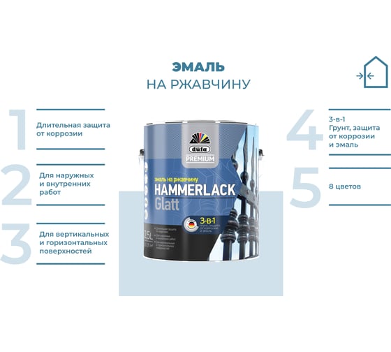 Эмаль Dufa Premium HAMMERLACK на ржавчину гладкая БАЗА1 2,5л МП00-011007
