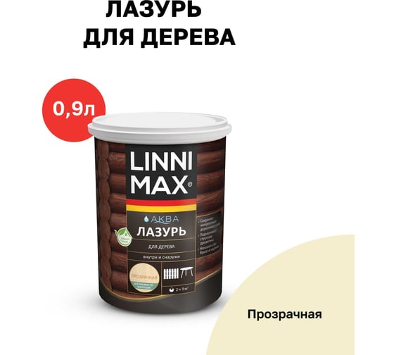 Аква Лазурь для дерева LINNIMAX прозрачная 0,9 л 948105361 1