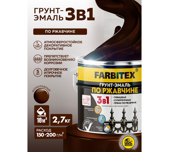 Грунт-эмаль по ржавчине FARBITEX 3в1 шоколадный (2.7 кг) 4300013994
