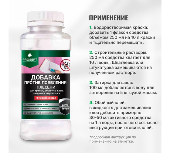 Добавка против появления плесени в краску, шпатлевку, штукатурку PROSEPT FUNGI STOP 0,25 л 041-025