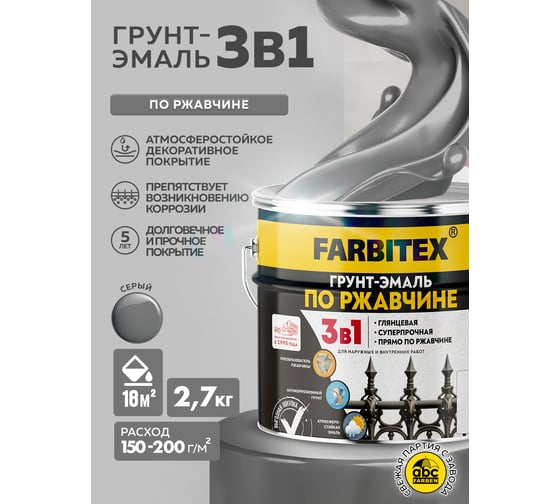 Грунт-эмаль по ржавчине 3в1 Farbitex серый (2,7 кг) 4300013989