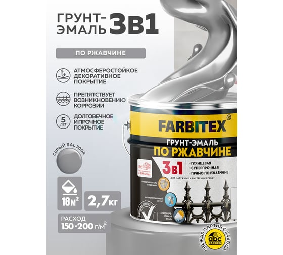 Грунт-эмаль по ржавчине 3в1 Farbitex светло-серый 7004 (2,7 кг) 4300013990