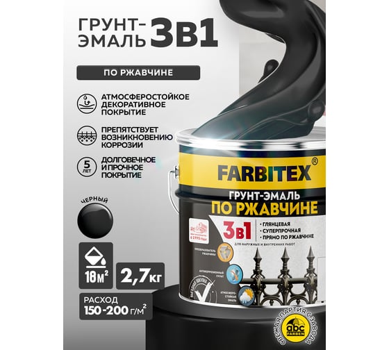 Грунт-эмаль по ржавчине 3в1 Farbitex черный(2,7 кг) 4300013988