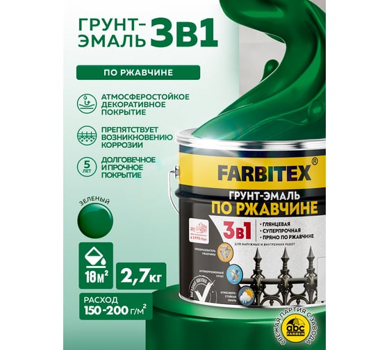 Грунт-эмаль по ржавчине 3в1 зеленый(2,7 кг) Farbitex 4300013992