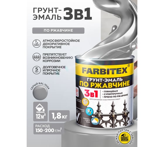 Грунт-эмаль по ржавчине FARBITEX 3в1 светло-серый 7004 (1.8 кг) 4300013980