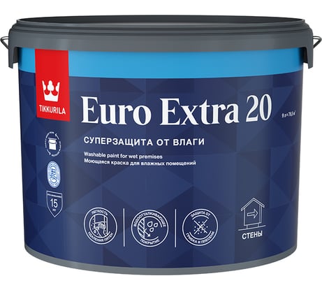 Краска для влажных помещений Tikkurila EURO EXTRA 20 база C полуматовая 9л 700001110