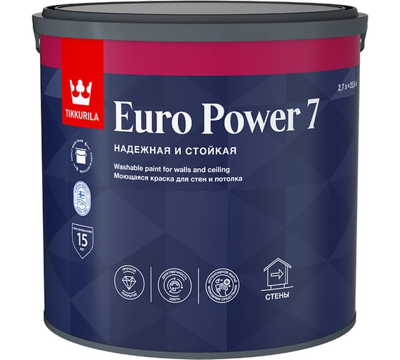 Интерьерная краска Tikkurila стойкая к мытью EURO POWER 7 база C мат 2,7 л 700001123 1