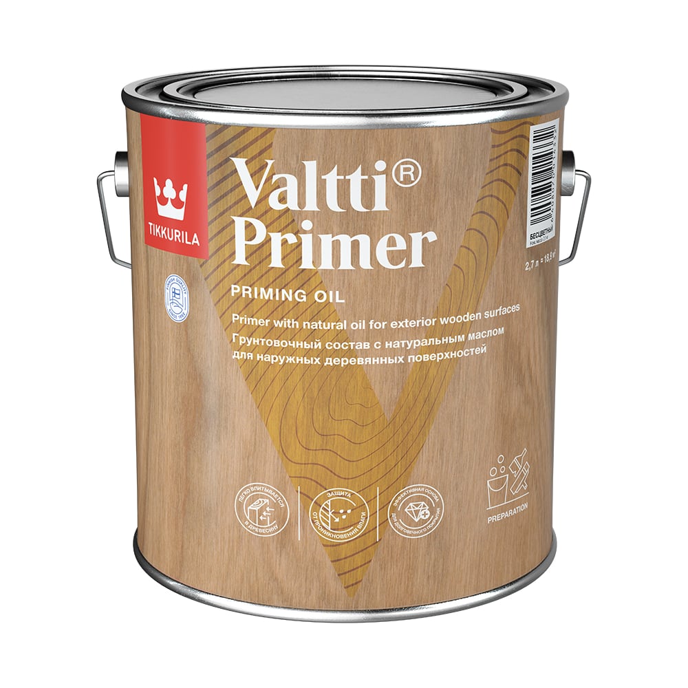 Грунтовочный антисептик Tikkurila VALTTI PRIMER бесцв 2,7л 00505000130 -  выгодная цена, отзывы, характеристики, фото - купить в Москве и РФ