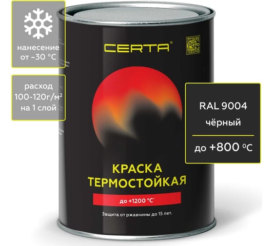 Термостойкая краска для металла, печей, мангалов, радиаторов, дымоходов, суппортов CERTA до 800С черный RAL 9004 0,8кг CPR00040