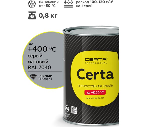 Термостойкая краска CERTA для металла, печей, мангалов, радиаторов, дымоходов, суппортов, до 400 градусов, серый RAL 7040, 0.8 кг CST00054