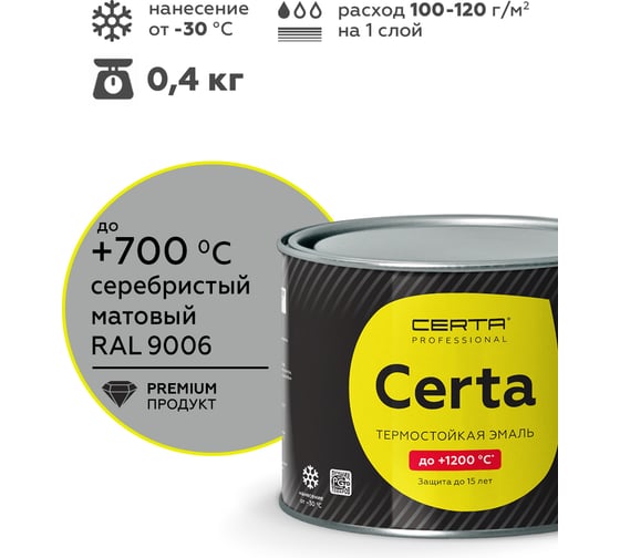 Термостойкая краска CERTA для металла, печей, мангалов, радиаторов, дымоходов, суппортов, до 700 градусов, серебристый RAL 9006, 0.4 кг CPR00049