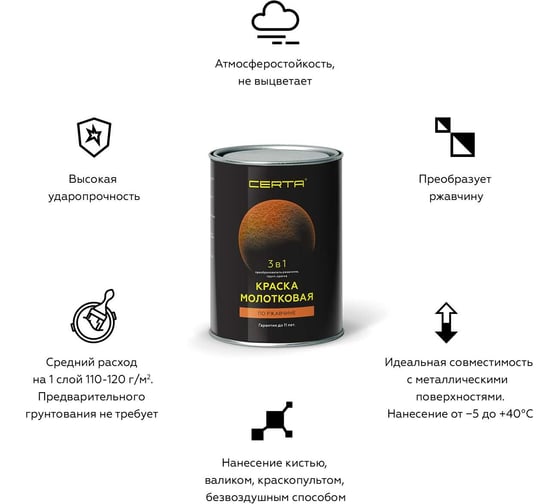 Краска Certa молотковая 3в1, по ржавичне серебристо-серый 10 кг KRGL1015