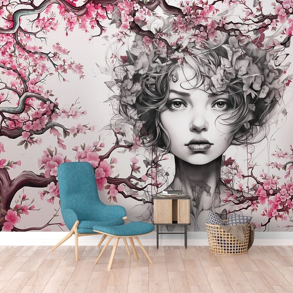 Фотообои ООО Первое ателье Сакура Портрет девушки на фоне цветущей ...