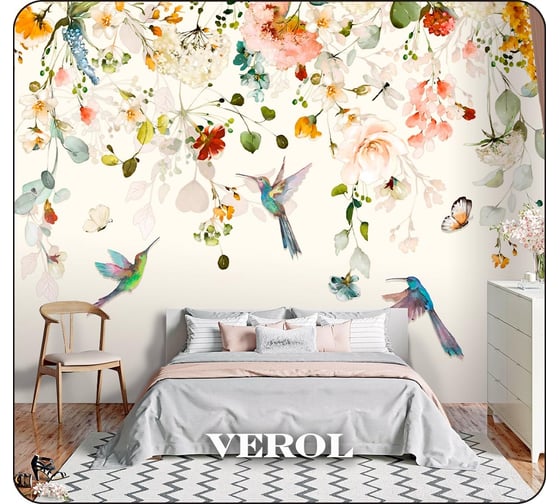 Фотообои на стену флизелиновые 3D Verol Цветы и птицы 500x283 см, 14.15 м2, фото обои для кухни моющиеся виниловые 223-ФФО-05795/