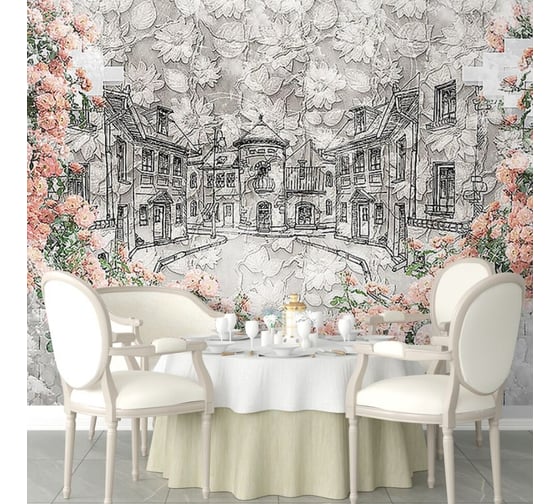 Фотообои ООО Первое ателье город "Розы и нарисованный город" 400x200 см ШхВ 94072-1-9-34153 1