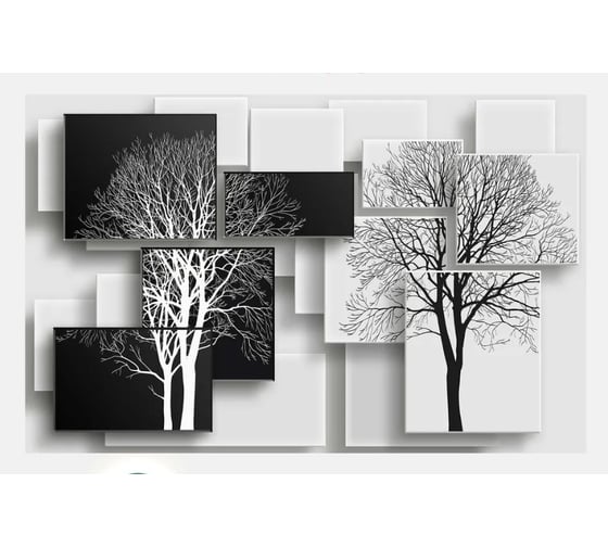 Фотообои ООО Первое ателье 3d абстракции дерево "Черно-белые деревья на фоне из чернобелых прямоугольников" 400x270 см ШхВ pw94413_400х270 1