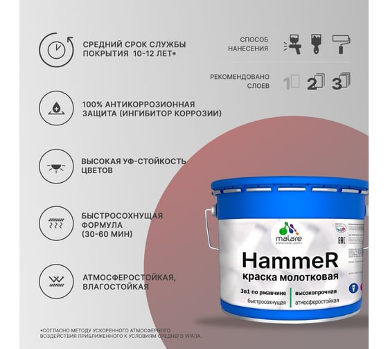 Грунт-Эмаль 3 в 1 MALARE Hammer для металлических поверхностей, молотковая краска, полуглянцевая, синий, 10 кг. 4620262400248
