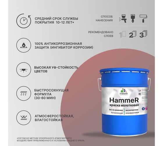 Грунт-Эмаль 3 в 1 MALARE Hammer для металлических поверхностей, молотковая краска, полуглянцевая, синий, 20 кг. 4620262400262