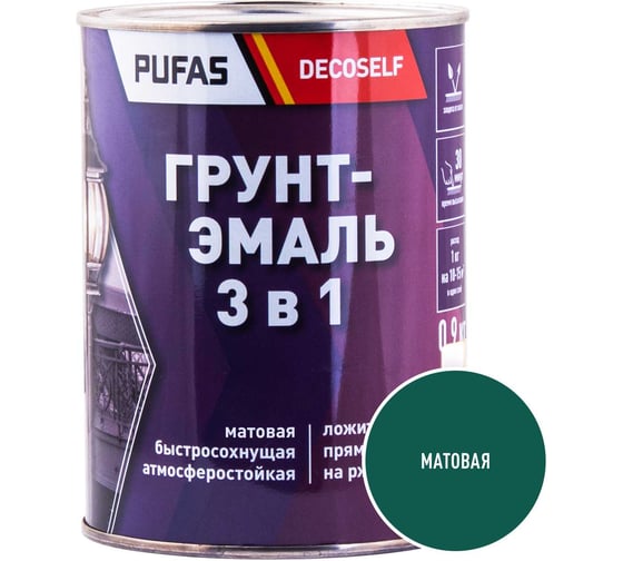 Грунт-эмаль Pufas 3 в 1 зеленая мат. Decoself 0,9кг тов-212133