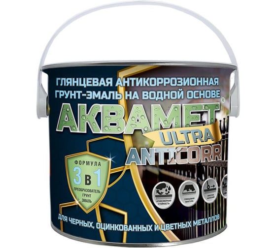 Глянцевая антикоррозионная грунт-эмаль 3в1 на водной основе Красковия Аквамет ULTRA «Anticorr» 3 кг RAL 7040 ER-00003648