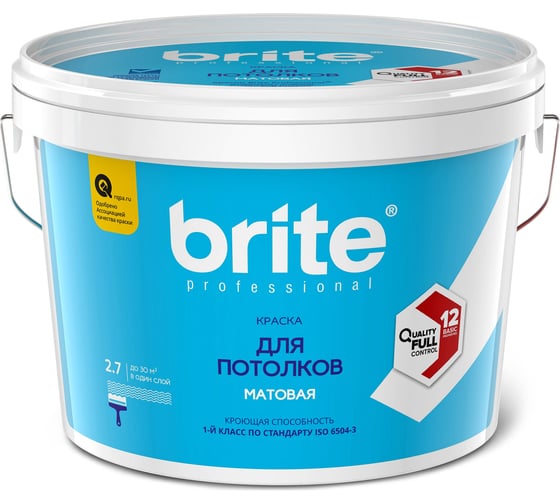 Краска для потолков BRITE PROFESSIONAL белая, матовая, база А, банка 2,7 О02246