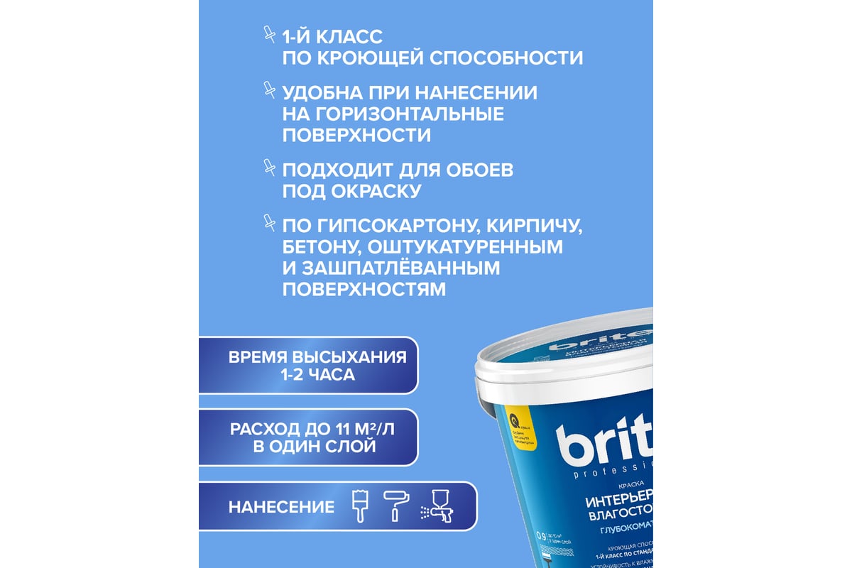 Интерьерная влагостойкая краска BRITE PROFESSIONAL для стен и потолков  глубокоматовая, белая (база А), ведро 9л О02251 - выгодная цена, отзывы,  характеристики, фото - купить в Москве и РФ