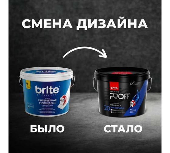 Интерьерная моющаяся краска BRITE PROFESSIONAL для стен и потолков, шелковистая, белая (база А), ведро 9л О02241