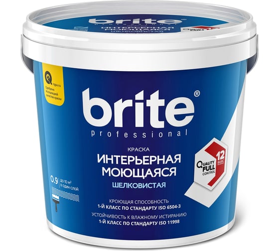 Интерьерная моющаяся краска BRITE PROFESSIONAL белая, шелковистая, база А, ведро 0.9л О02239