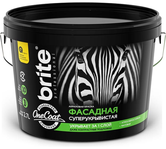 Атмосферостойкая краска для фасадов BRITE PROFESSIONAL ONE COAT суперукрывистая белая (база А), ведро 2.7л, О03751